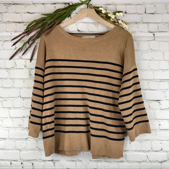 Loft Striped Tan Sweater Asymmetrical Split Back - Picture 2 of 7